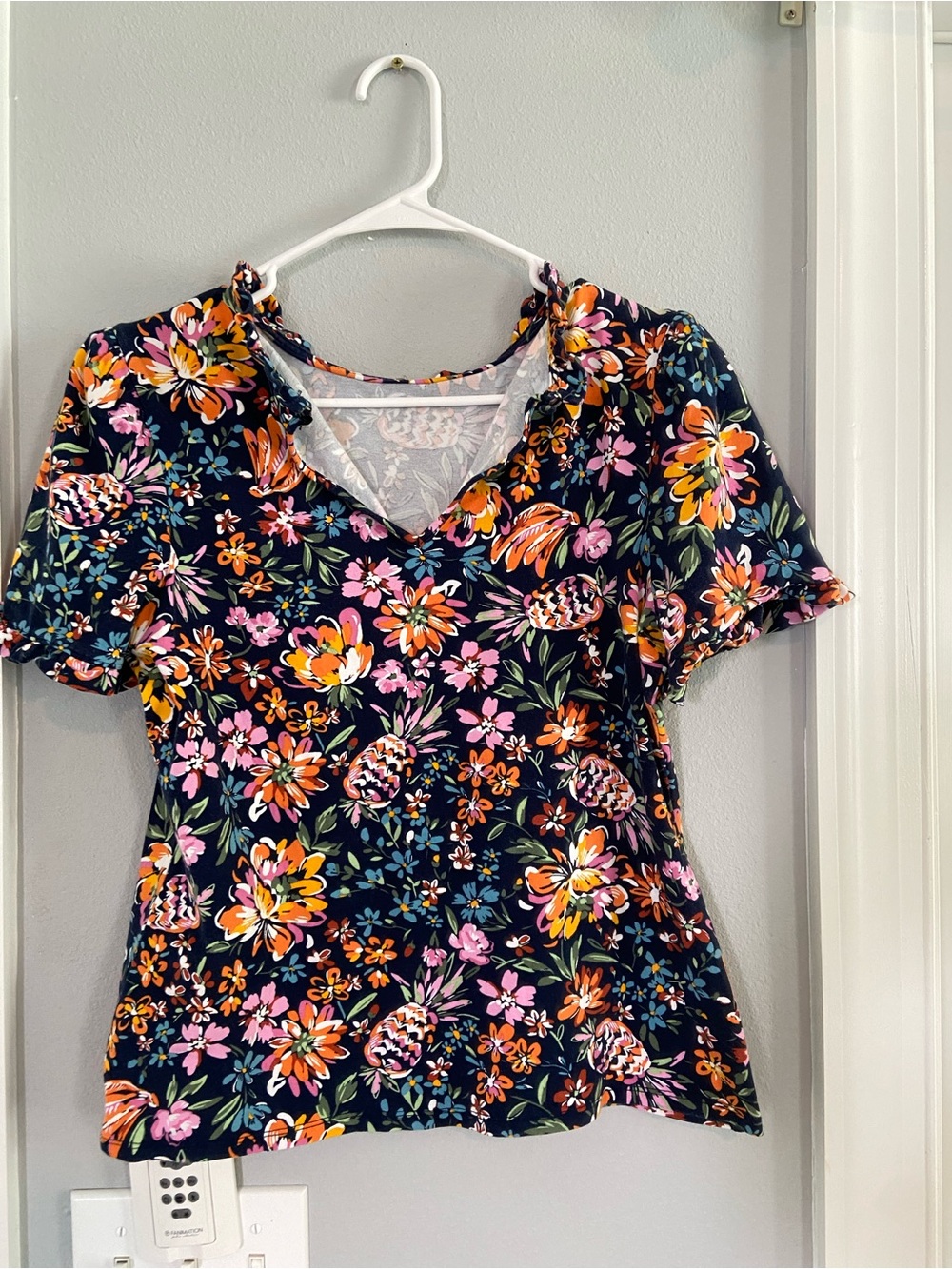 crown & ivy Navy Floral V-Neck Short Sleeve Top with Pink & Orange Flowers